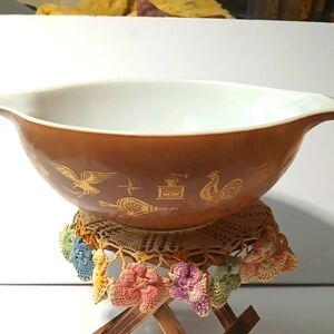 PYREX Vintage Mixing Serving Bowl Chocolate Golden Symbols Graphics Hand Washed